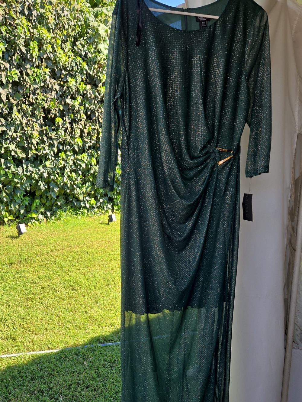 Alexa B Dark Green Metallic NWT Draped Long Sleeve Maxi Dress